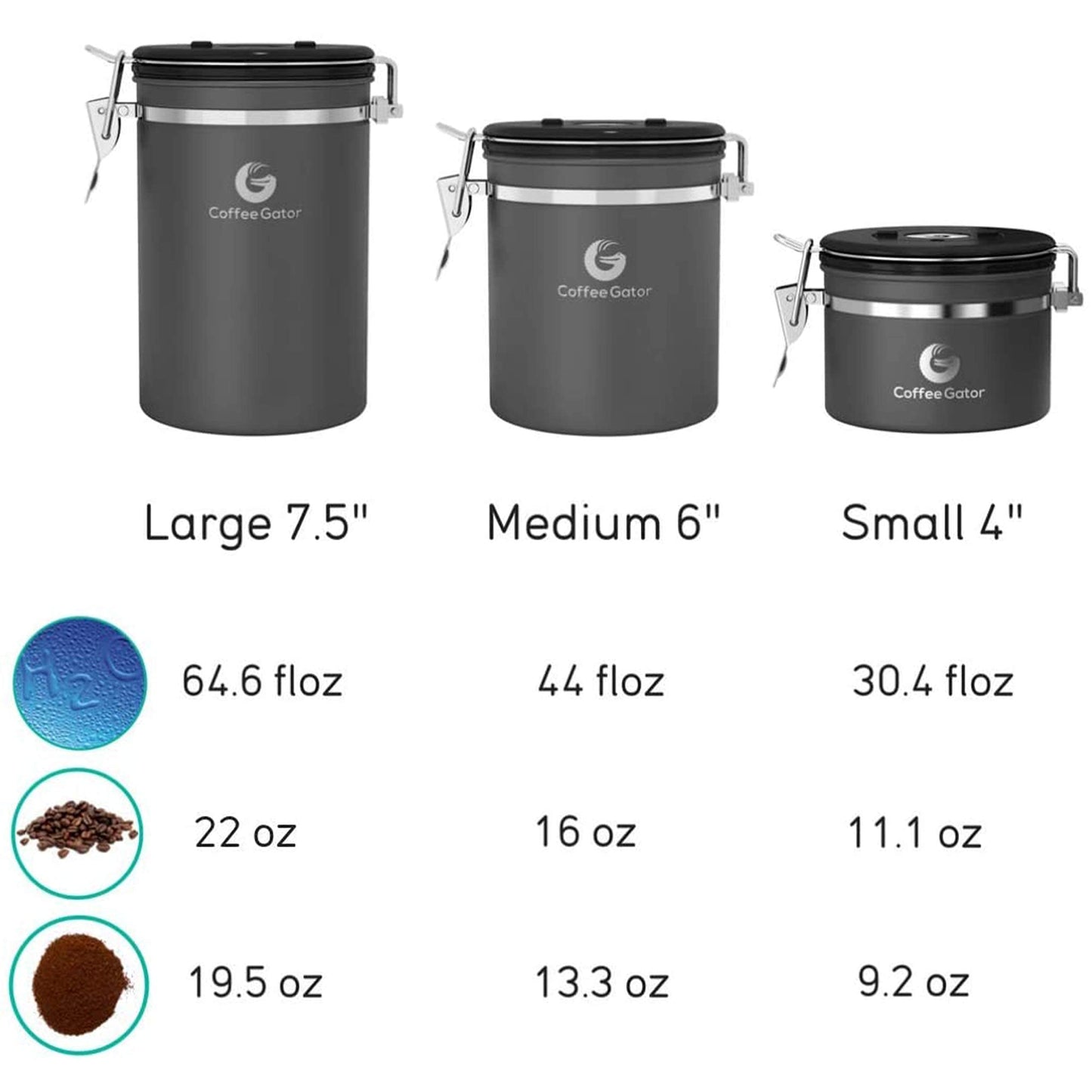 Coffee Gator Coffee Canister, 2pack 16oz Airtight Stainless Steel Kitchen Food Storage Container with Date Tracker, Scoop for Grounds Coffee Bar Accessories, Beans, Tea, Sugar, Flour - Gray&Silver