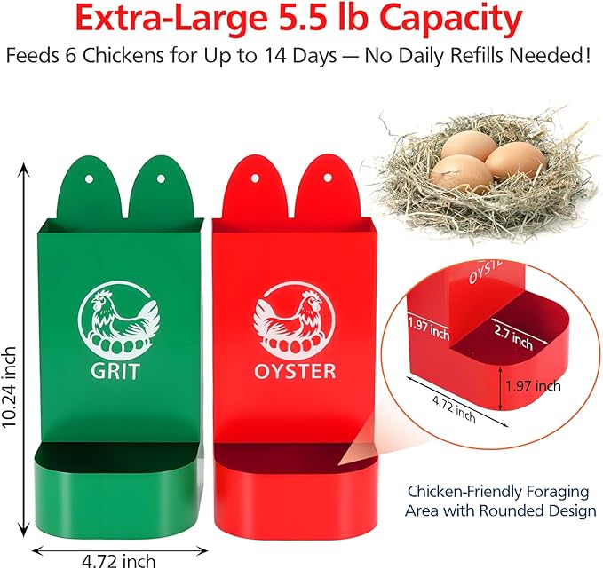 Chicken Grit and Oyster Shell Feeder for Hens – US Patent Pending – Heavy-Duty Metal Chicken Feeder with Rounded Edges – Chicken Coop Accessories Improve Eggshell Quality and Hen Health