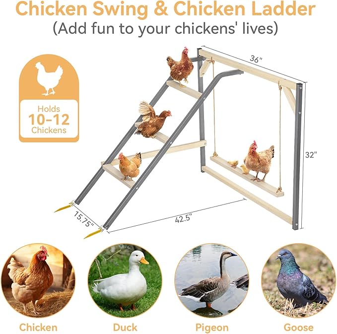PETSFIT Chicken Perch for Coop-Solid Wood and Rustproof Iron Roosting Bar with Swing - Ideal for Backyard Poultry, Chicken Coops, and Farms-Easy to Assemble and Clean