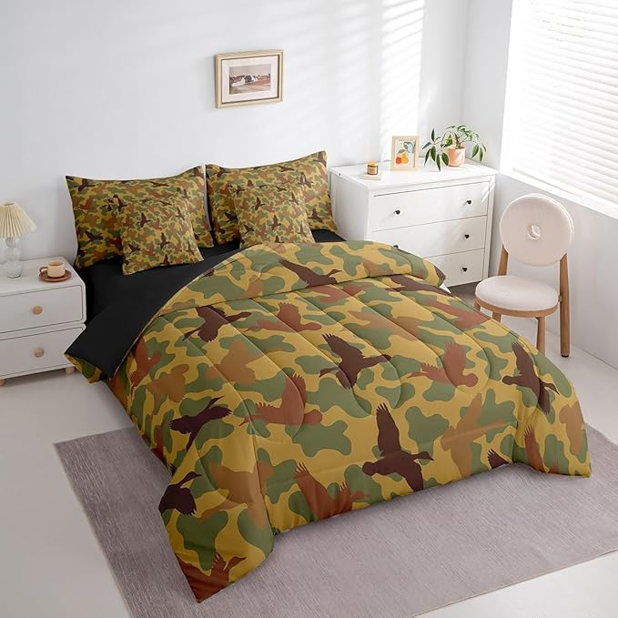 Feelyou Camouflage 7 Pieces Bedding Set Twin Size Duck and Camo Bedding Bed Set Set for Boys Teens Decor Duck Hunting Bed Set Includes Comforter, Sheet Set, Pillowcases Military Bedroom
