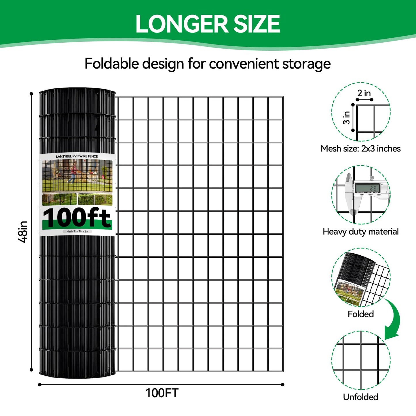 Welded Wire Fence, 100ft(L) x 4ft(H) PVC Anti-Rust Coated Wire Mesh, 2 Inch x 3 Inch 16GA Garden Edging Border, Roll Metal Animal Barrier for Yard Vegetable Plant Protection Poultry Netting