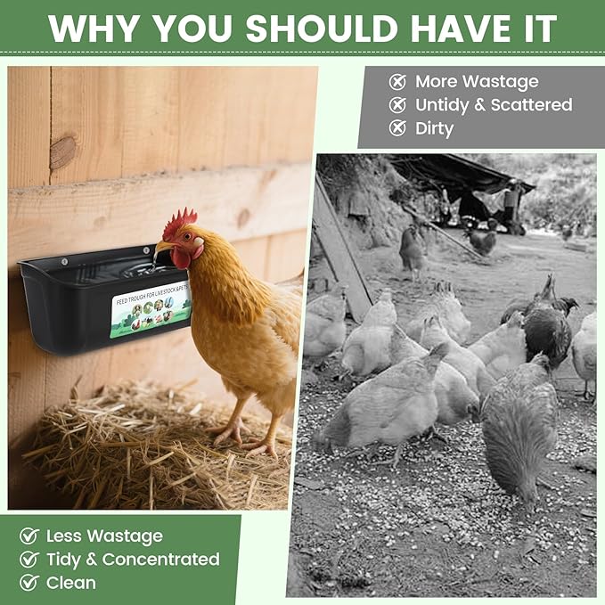 4 Pack Hanging Chicken Feeder,Fence Feeder Trough and Waterer for Goat Sheep Deer Duck Poultry Livestock,Feeding Waterer Container Bucket with Clips and Brush (Black)