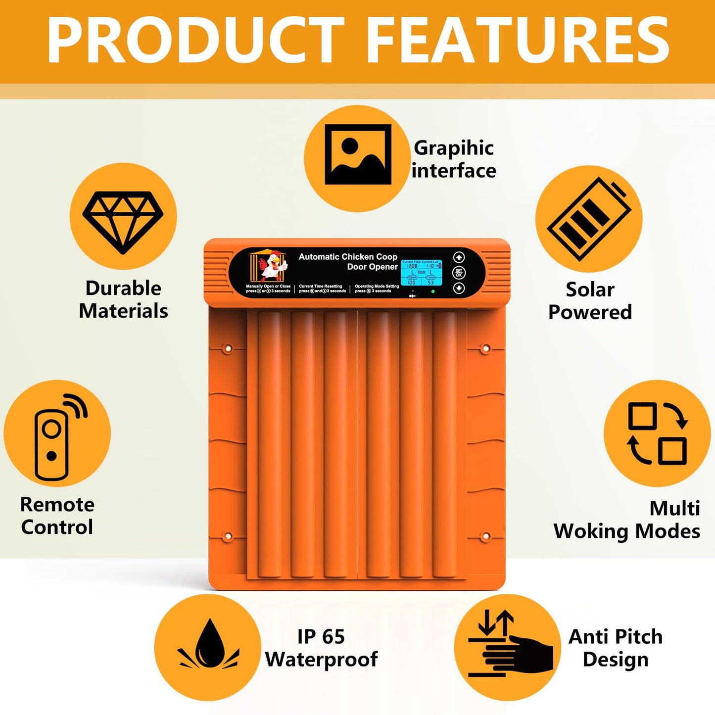 Automatic Chicken Coop Door Solar Powered, Extra Large Size, Anti-Pinch Design, Battery Powered Auto Chicken Door with Timer & Light Sensor, Large Solar Coop Door with Remote Control