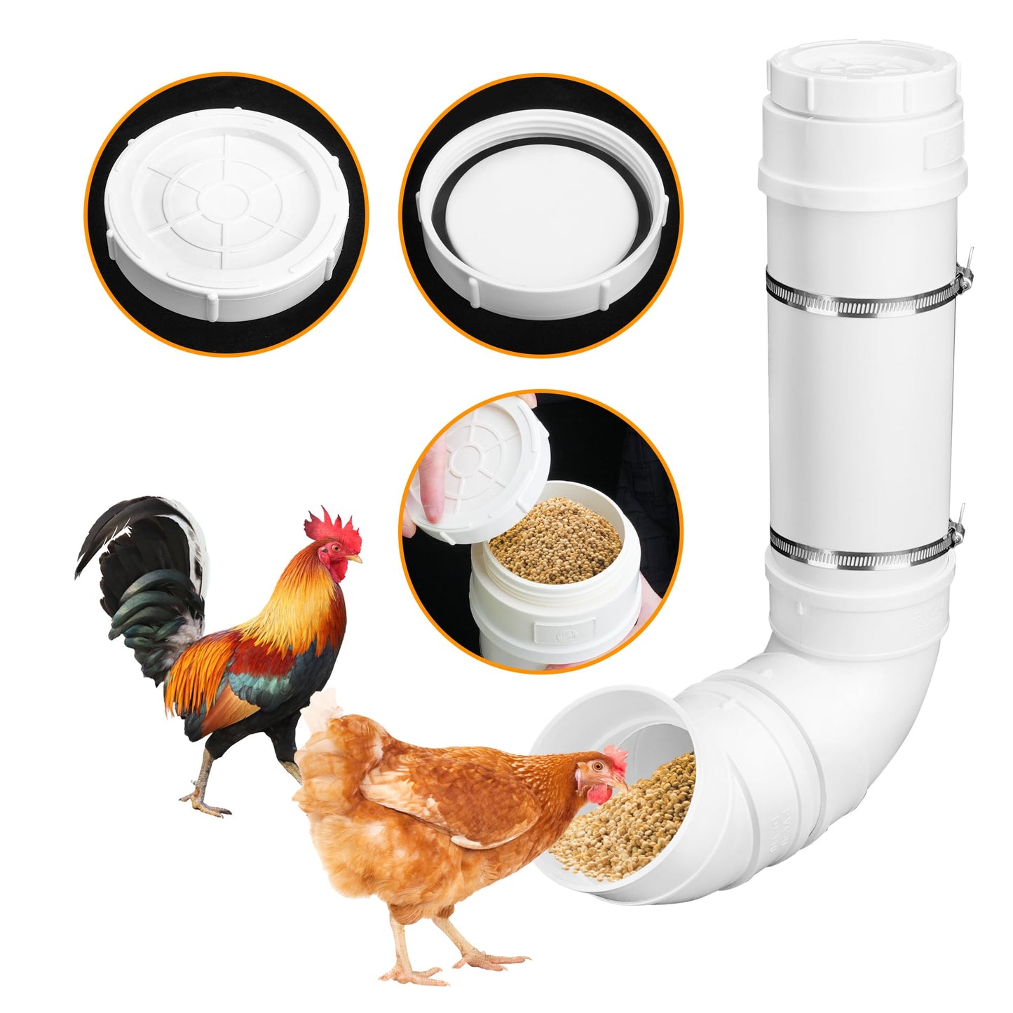 UCandy Automatic Chicken Feeder, 6 Pounds Capacity Heavy-Duty PVC Pipe No Waste Chicken Coop Feeder, Poultry Gravity Feed Port for Chicken Feeding