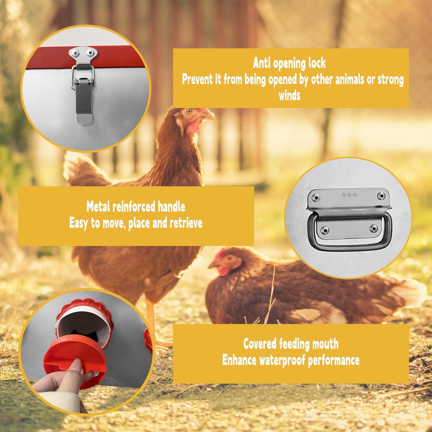 Automatic Chicken Feeder 4 Ports 25lbs Metal Poultry Pro Feeder No Waste Rodent Proof Weatherproof Chicken Food Dispenser System 4.1 Gallon