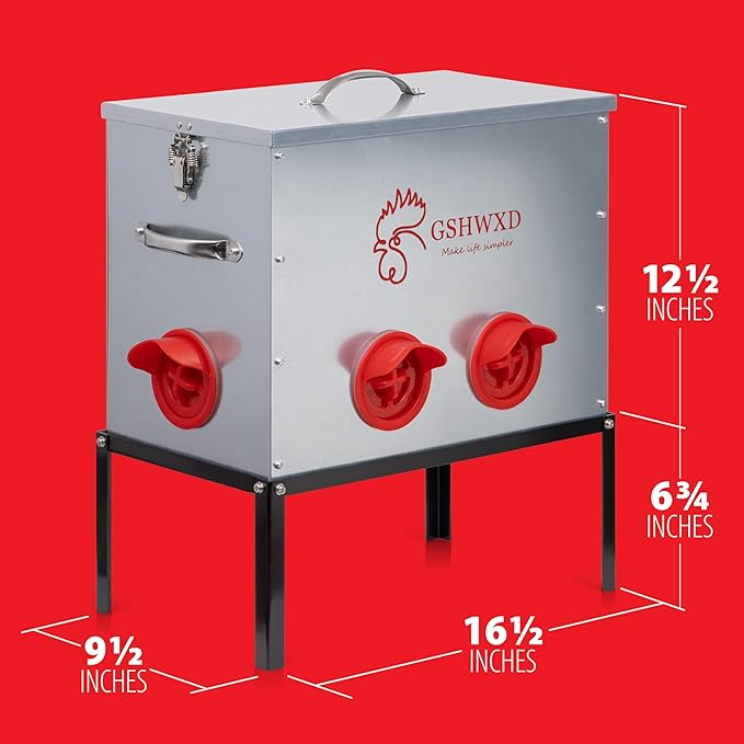 Automatic Chicken Feeder - 40 lb Capacity 6 Port Large Metal Chicken Feeders - No Waste Poultry Feeder with Locking Lid and Legs for Inside Chicken Coops