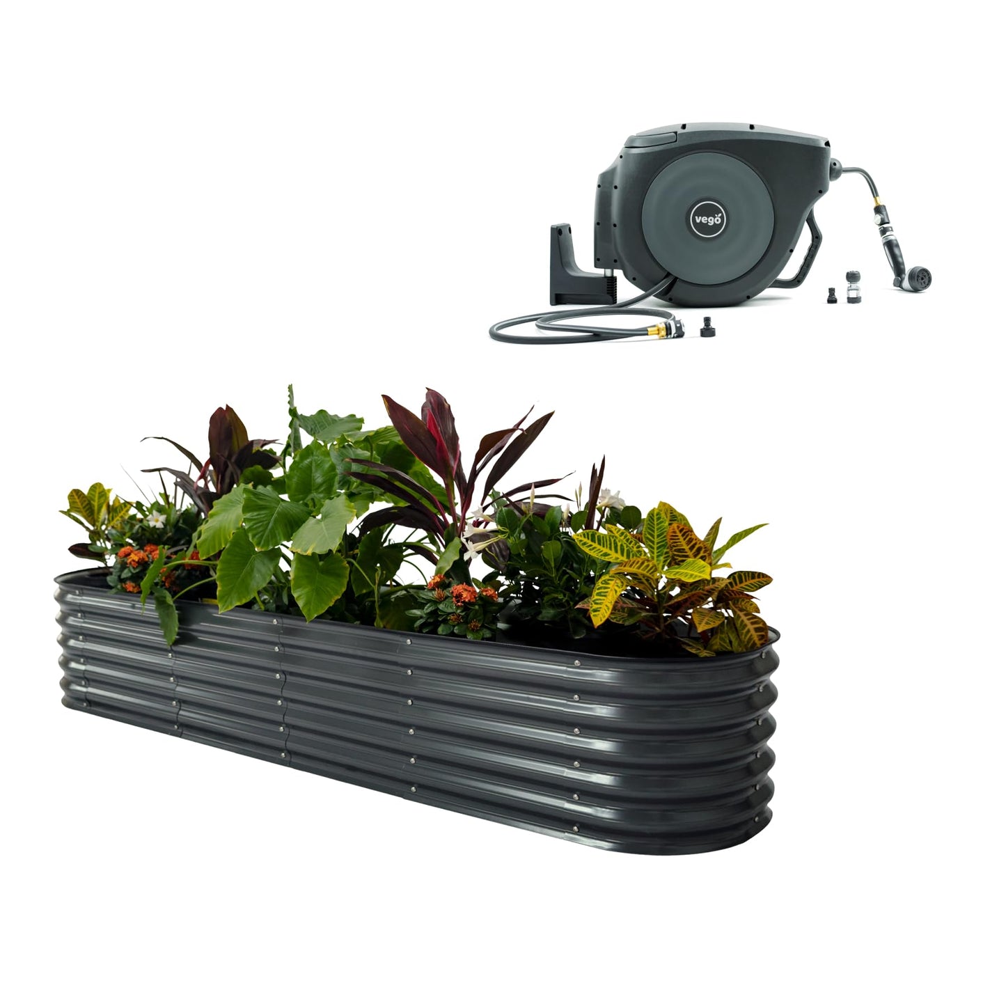 17" 9 in 1 Garden Bed & 130ft Retractable Hose Reel Kit
