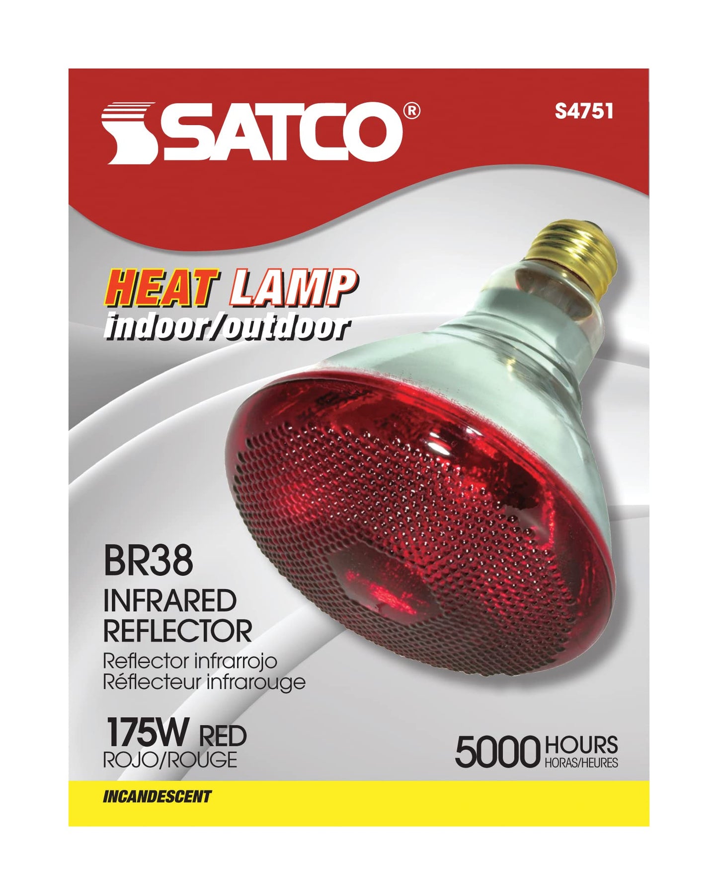 Satco S4751/06 BR38 Incandescent Infrared Reflector Incandescent Heat Lamp, Red, 175 Watts, 6 Pack