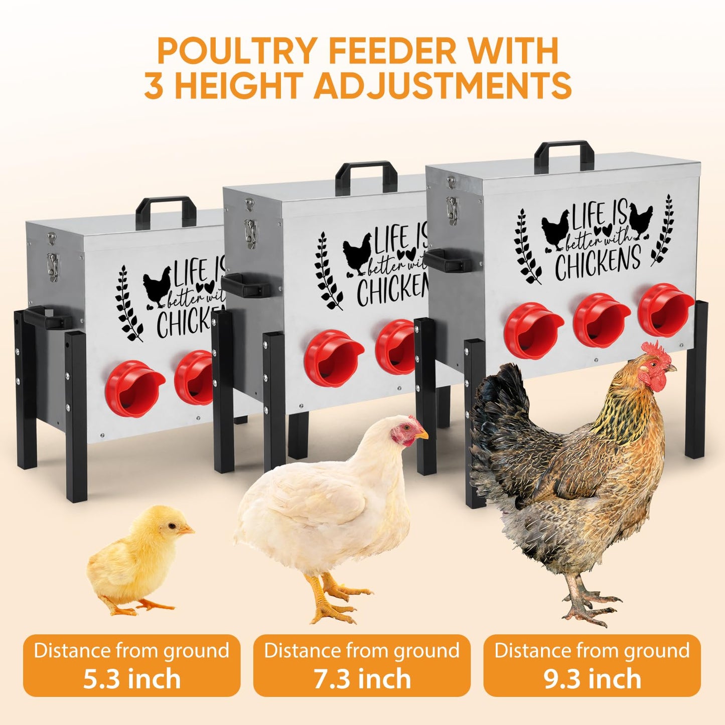 ‎Tgeyd Chicken Feeder Box 30 lbs Galvanized Metal, 6 Feeding Ports, Comes with Metal Feeder Box Stands for Chickens, Ducks, Geese