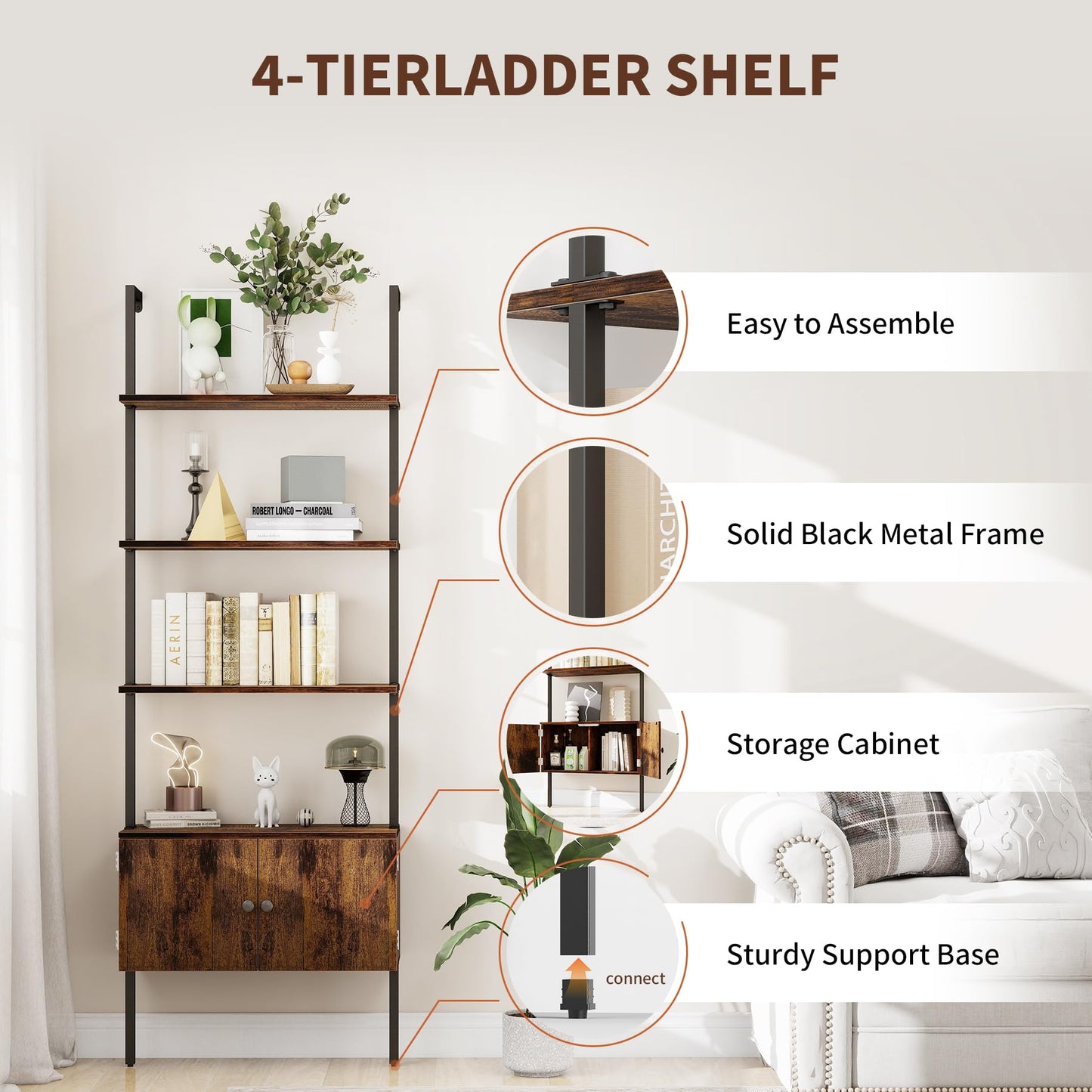 CAMOAT 4-Tier Ladder Bookcase,Wall Mounted Bookshelf with Cabinet:Space-Saving Corner Storage Shelves,Blanket Ladder&Bathroom Wall Shelf,Open Industrial Shelf -Maximize Living Room,Bedroom,Home Office