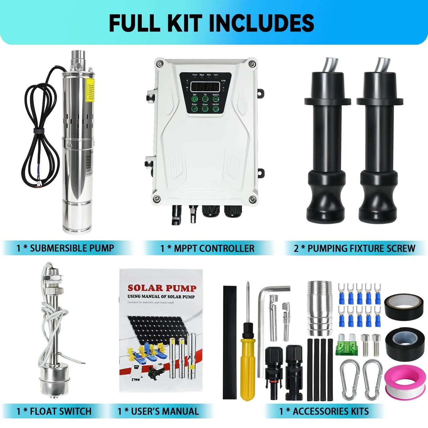 500W DC 48V 3" Solar Deep Well Pump Complete Kit - with MPPT Controller, 8.8FT Cable - Stainless Steel Submersible Pump - Max head 393FT, 7.9GPM Flow, 1" Outlet for Industrial Irrigation Water Tank