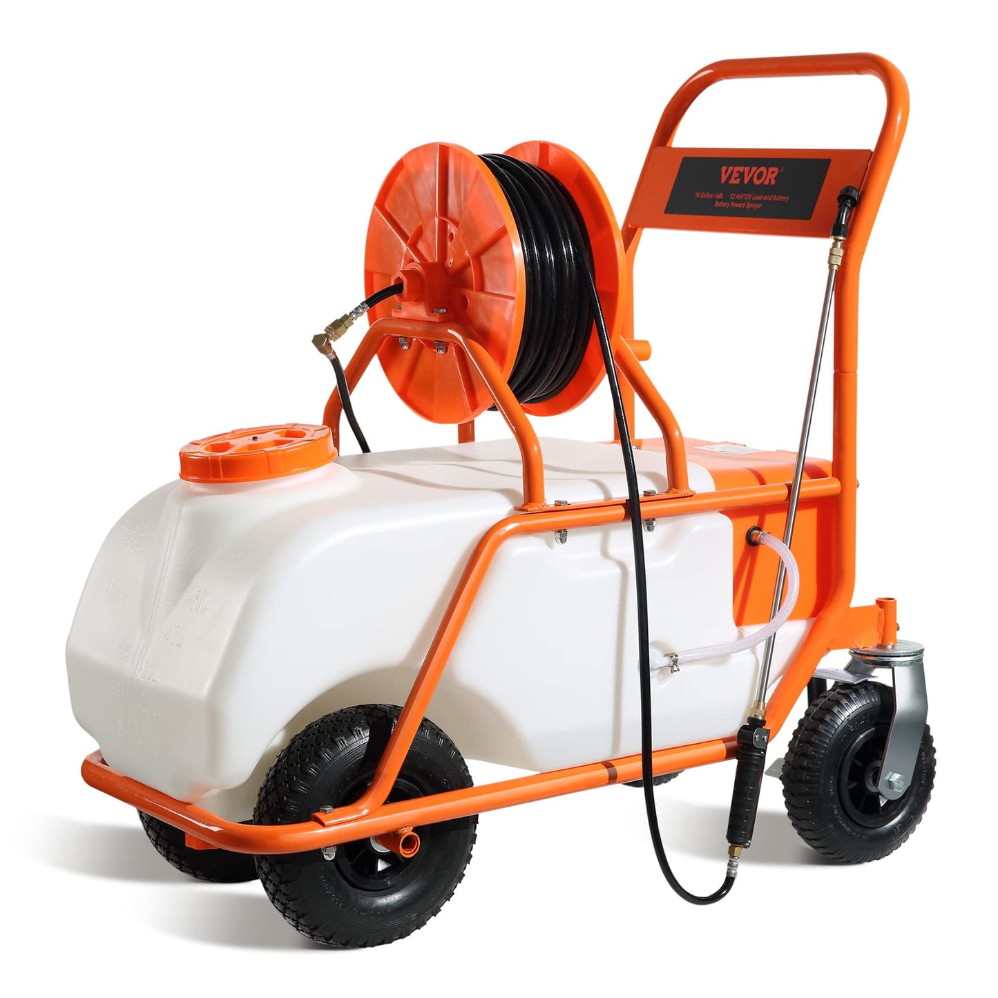 VEVOR Battery Powered 15 Gallon Garden Weed Sprayer with Wheeled Cart, 126FT Hose with Reel, 8 Nozzles, 2 Wands with Lock Trigger, 0-90PSI, 5-6h Spray Time, Wide Mouth Lid, Rotating Wheels with Brake