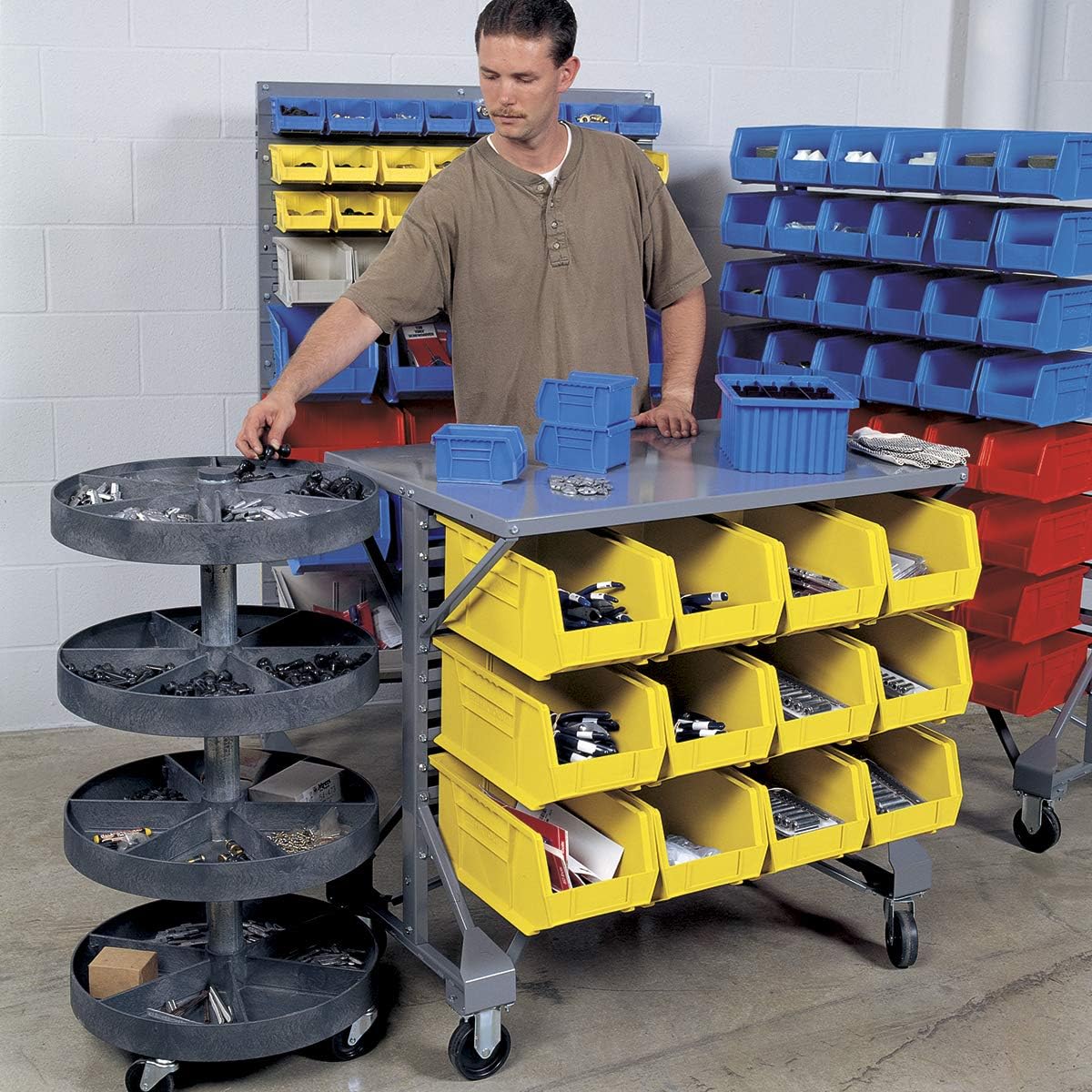 Akro-Mils 30812 Steel Mobile Bin Work Cart Organizer with Steel Worktop for Mounting AkroBin Storage Bins, (38-1/2-Inch W x 24-Inch D x 36-1/2-Inch H), Gray