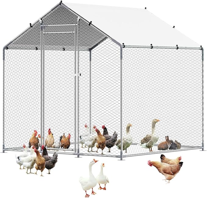 VEVOR Metal Chicken Coop, 6.56x6.56x6.56ft Walk in Chicken Runs for Yards with Cover, Spire Roof Hen House Enclosure with Security Lock, Outdoor Duck Rabbit Poultry Cage Pen for Backyard, Farm, Yard