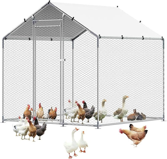 VEVOR Metal Chicken Coop, 6.56x6.56x6.56ft Walk in Chicken Runs for Yards with Cover, Spire Roof Hen House Enclosure with Security Lock, Outdoor Duck Rabbit Poultry Cage Pen for Backyard, Farm, Yard