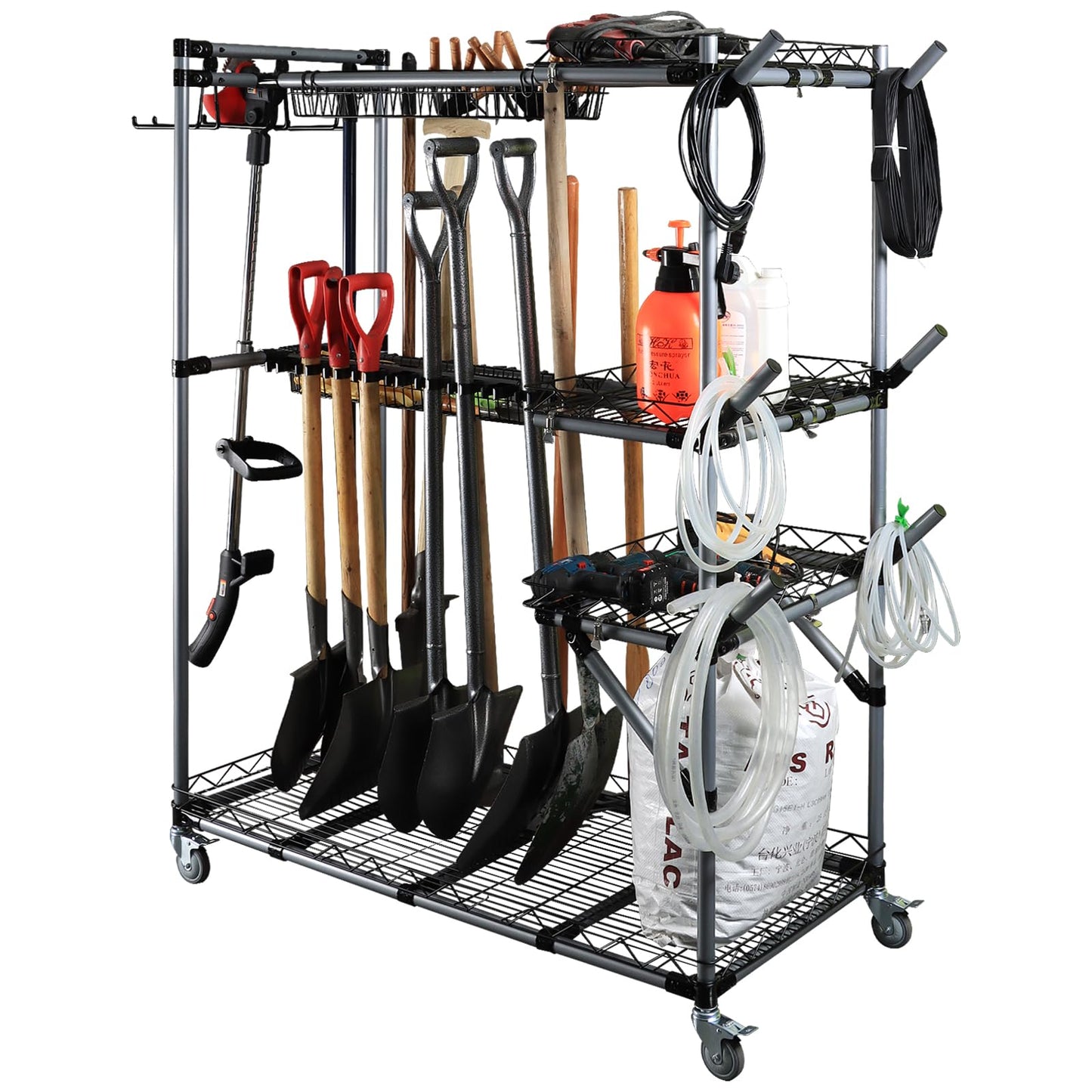 QTJH BIG Garden Tool Organizer with Wheels - Rolling Storage Rack - Multifunctional Cart