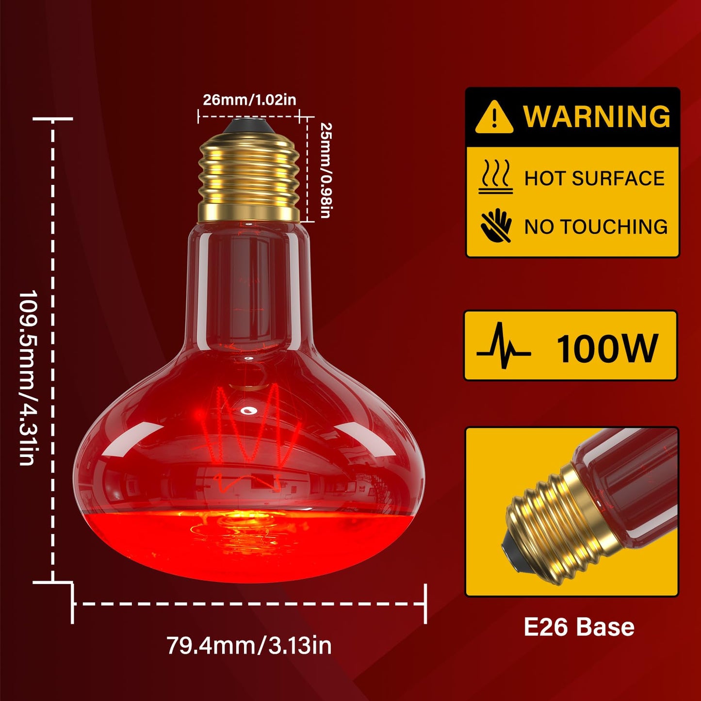 TobeBright Red Reptile Heat Bulb,100W Infrared Heat Lamp Bulbs for Chickens,Red Basking Spotlight Reptile Night Heat Bulb, Dimmable Reptile Light Bulb for Lizard Bearded Dragon Leopard Gecko-2Pack