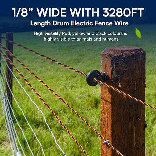 1/8 Inch Thick Polywire Electric Fence 3280 Feet/1000m Length for Containment of Livestock, Horses Deers, Bears, Farm Animals, Gardens, Pets, Hot Wire Portable Fence High Visibility