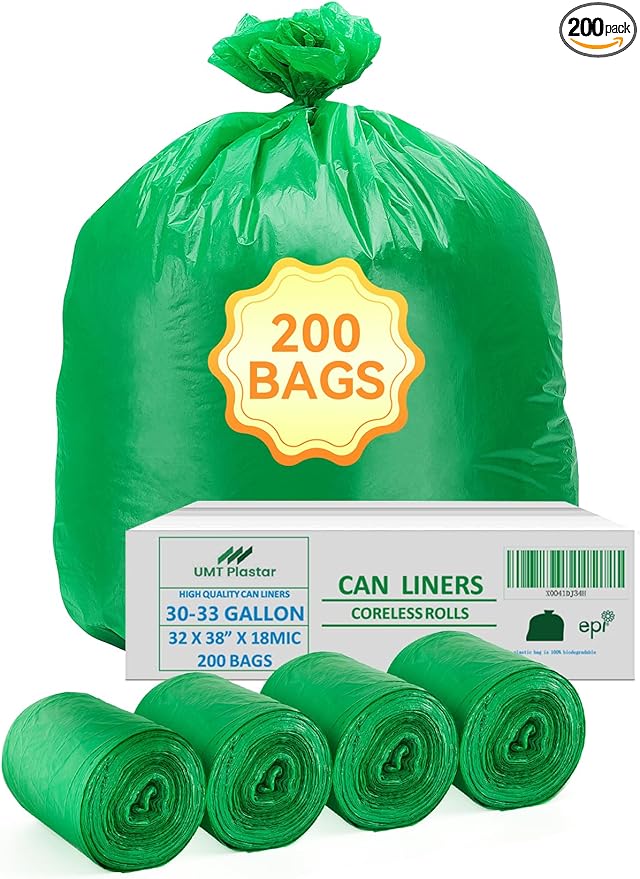 200 Count 100% Biodegradable & Compostable Trash Bags - 30-33 Gallon, 18 Microns, 32x38 Inches, Green Eco-Friendly