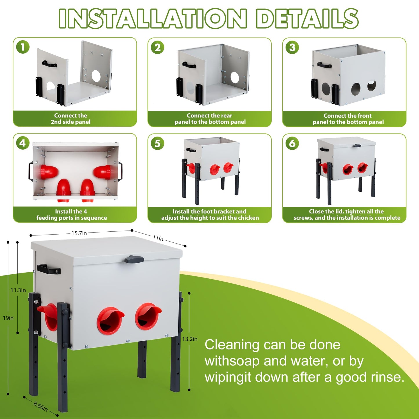 GVGBUK Metal Chicken Feeder with 4 Ports, 30 lbs Metal Poultry Feeder, Height Adjustable Weatherproof Feeding Box for Chickens, Geese, Ducks, Turkeys, Quails