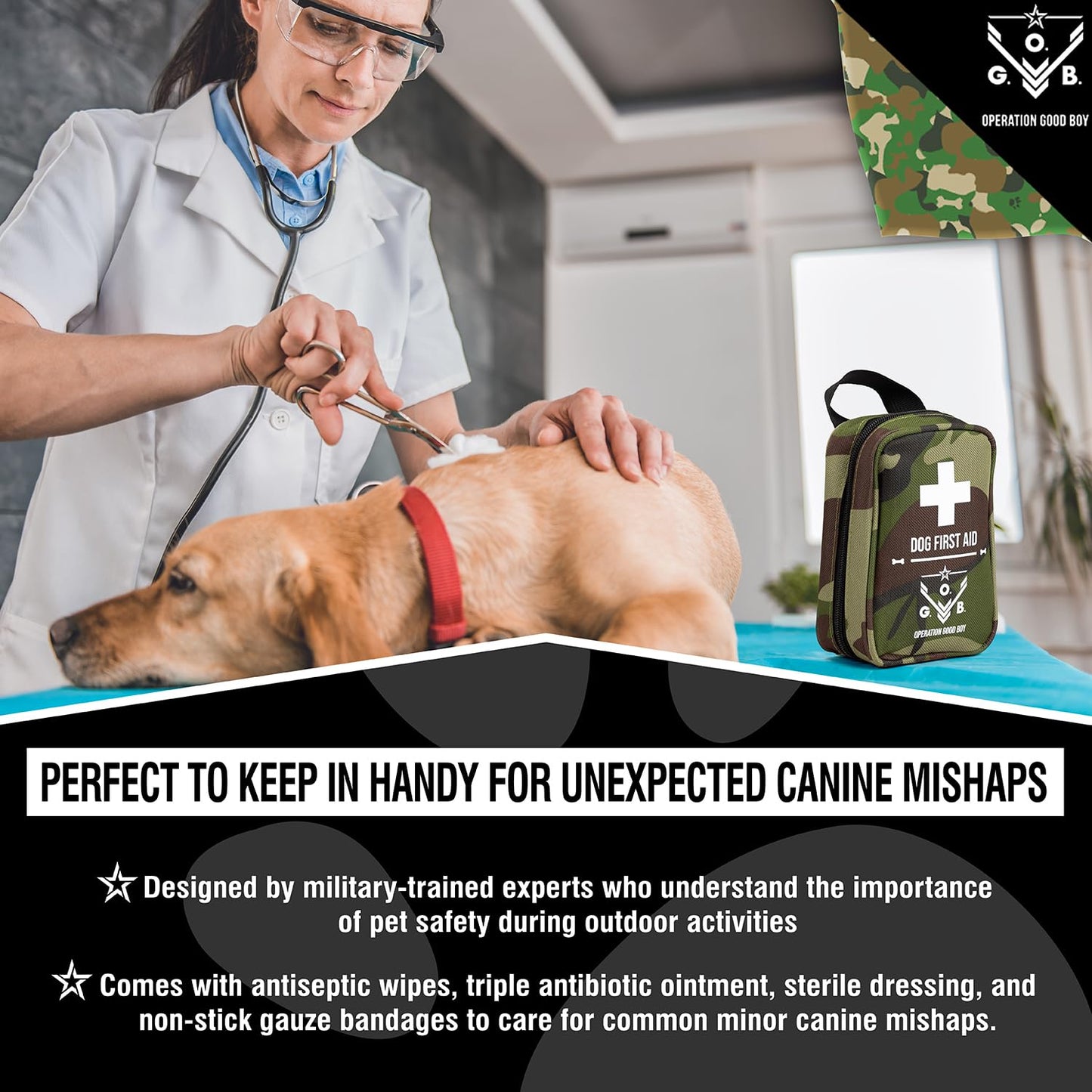 Operation Good Boy Tactical Pet First Aid Kit - Essential Supplies for Canine Mishaps - Lightweight, Waterproof Nylon Tote with Antiseptic Wipes, Antibiotic Ointment, Dressing, and Gauze