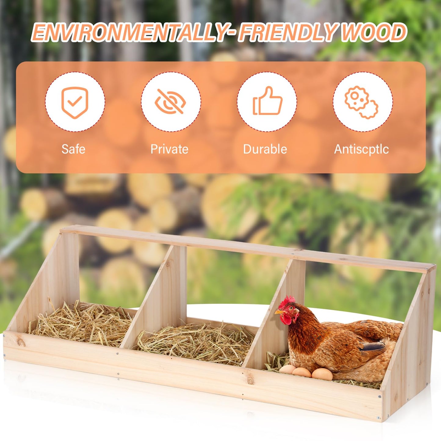 Nosiny Triple Nesting Boxes Wood Chicken Nesting Box 3 Compartment Room Hen Chicken Laying Boxes Versatile Use Easy Assemble for Duck Poultry, 37.4 x 12.8 x 11.2 Inch, Brown