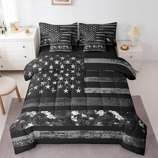 jejeloiu Kids Grey Camouflage Comforter Set with Sheets Twin Size American Flag 7 Pieces Bedding Set For Boys Girls Teens Bedroom Decor Vintage Camo Military Style Disruptive Pattern Bed in a Bag Soft