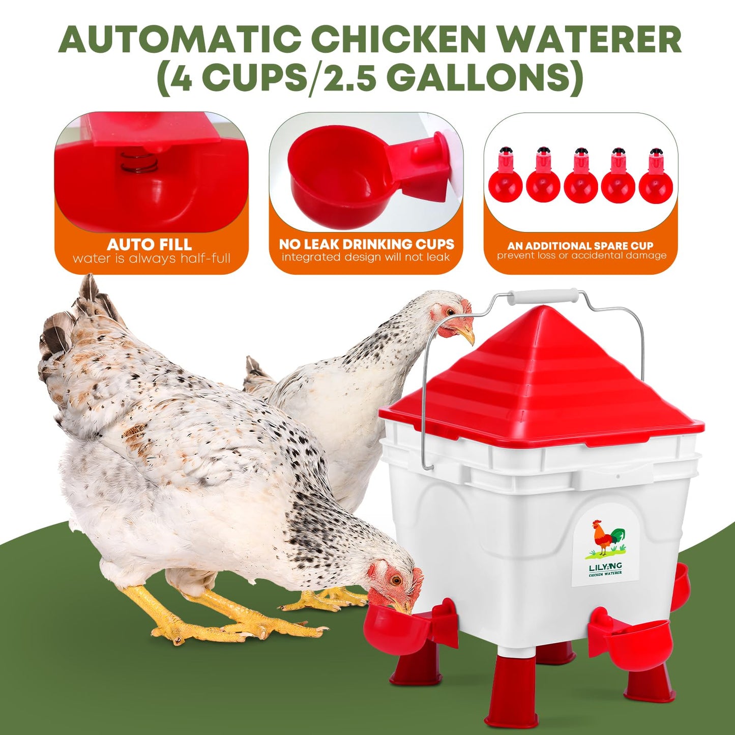 Lilyang Standing Chicken Feeders and Chicken Waterers, 2.5 Gallon Chicken Water Feeder with 4 Cups, 13.5 lb Automatic Chicken Feeder No Waste, for 8-10 Adult Chickens or 10-15 Quails (Standing)