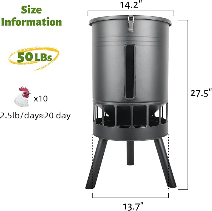 KOL Metal Chicken Feeder No Waste - 50lbs Poultry Feeder with 16 Ports, Powder Coated Rust-Proof Design & Smooth Edges for Safe Feeding (Black)