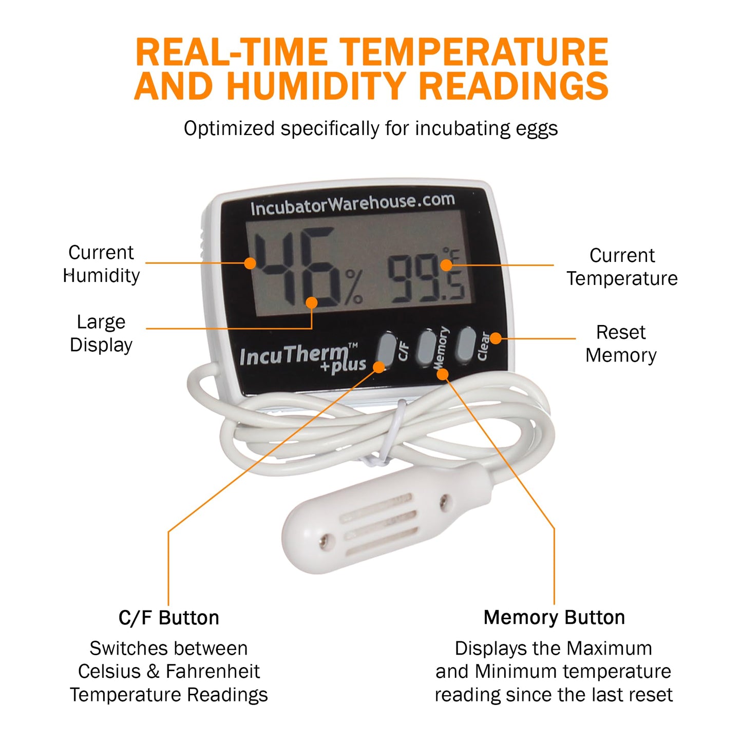 Incubator Warehouse IncuTherm™ Plus Digital Thermometer and Hygrometer for Egg Incubator - Large Digital Display with Min/Max Memory - Remote Probe - Reads Celsius and Fahrenheit +/-1° 1109 IWTH01