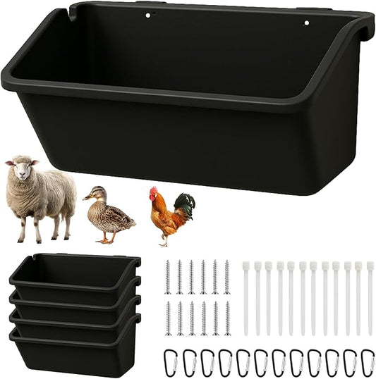 Hanging Chicken Feeder Troughs (4 Pack, 5 Qt) – Durable Black Plastic Poultry Feed & Water Buckets with Metal D‑Clips, Multi‑Animal Goat, Sheep, Duck, Pig, Horse, Chicken Coop Feeder