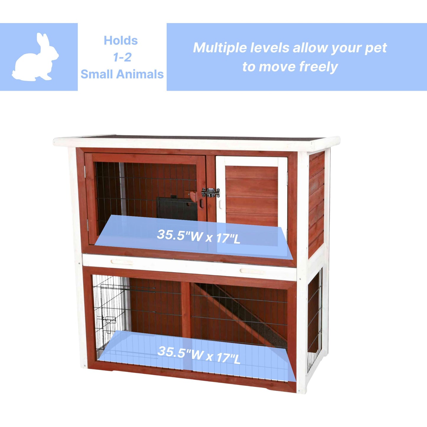 TRIXIE natura Outdoor Rabbit Hutch with Run - 2-Story Rabbit Cage with Non-Slip Ramp - Medium Elevated Small Animal House with Secure Playpen, Hinged Roof & Pull-Out Tray - in Auburn/White