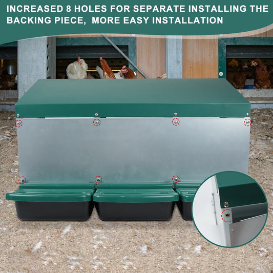 Chicken Nesting Box, 3 Holes Nesting Boxes, Heavy Duty Metal Laying Boxes, Roll Away Nesting Box Egg Collection Tray, with Roosting Pole for Chicken Coop(Green)