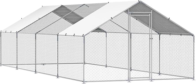 VEVOR Large Metal Chicken Coop with Run, 9.8x26.5x6.5 ft Walk-in Chicken Runs for Yard with Cover, Spire Roof Hen House with Security Lock for Outdoor and Backyard, Farm, Duck Rabbit Cage Poultry Pen