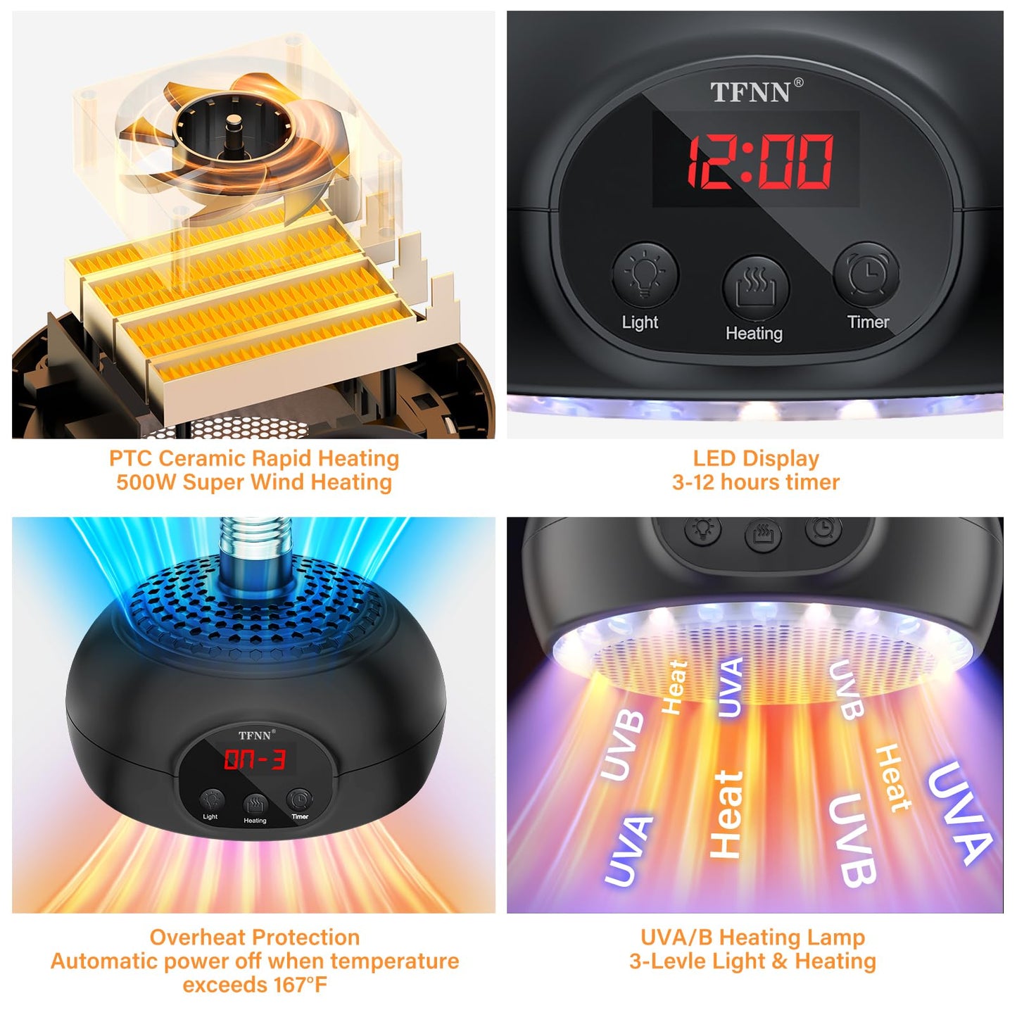 TFNN Heat Lamp for Chickens with Holder，200W-350W-500W Reptile Heating Lamp with UVA UVB Ligh 3-6-9-12H Timer, Protable Greenhouse Heater for Outdoor Chicken Coop Indoor Reptile Rabbits Dog Cats