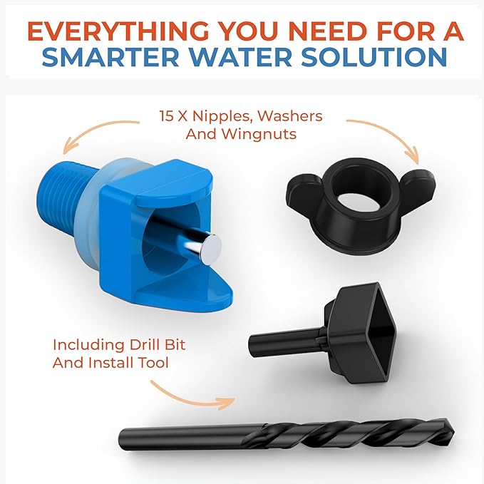 Lil'Clucker Horizontal Chicken Waterer Nipples, Pack of 15 Chicken Nipple Waterer with Drill Bits, Easy Install Automatic Chicken Waterer System, No Leak Chicken Water Feeder, Poultry Waterer - Blue
