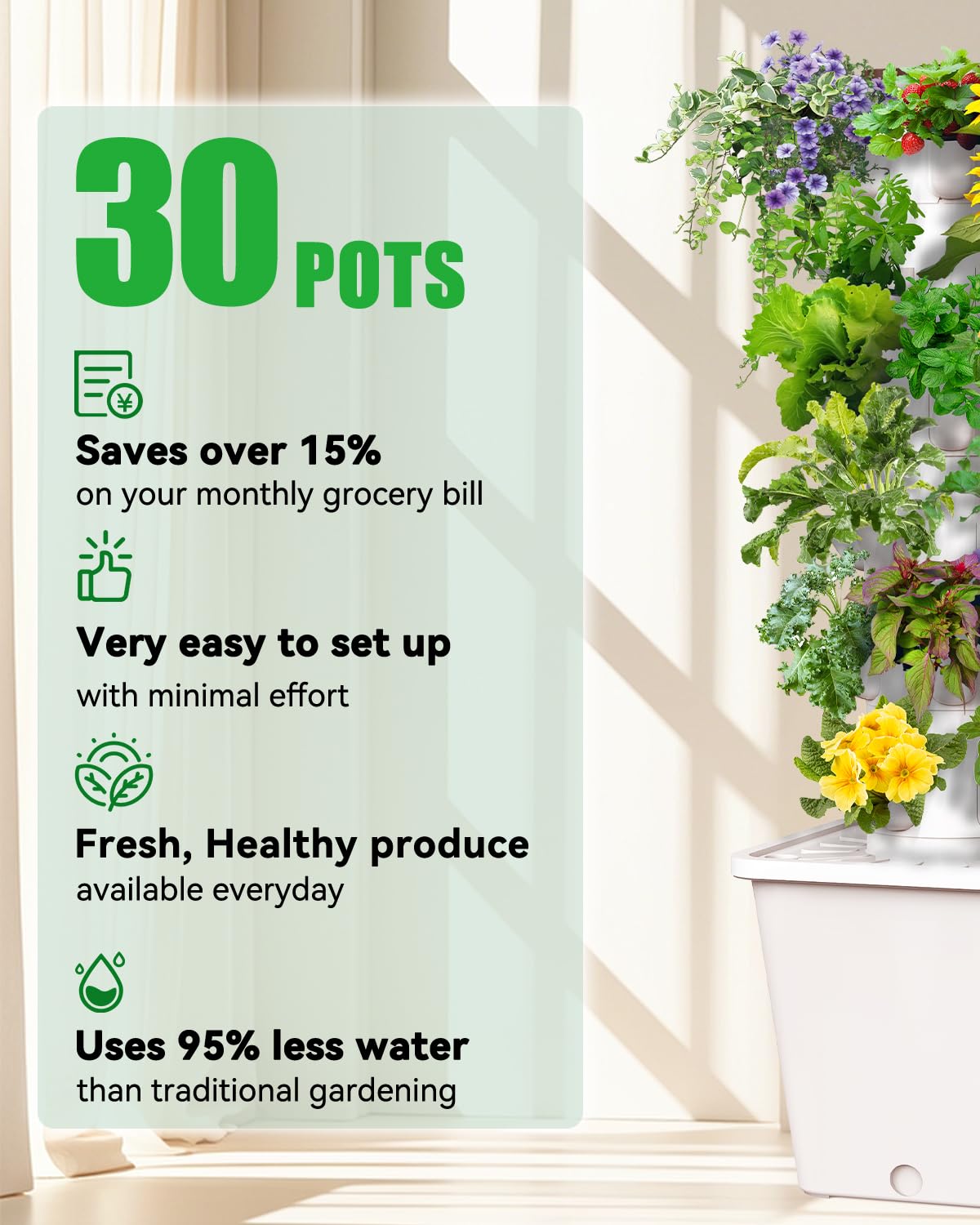 SJZXUV Vertical Hydroponics Growing System Kit, Indoor Outdoor Gardening System Kits, Herb & Fruits Growing Tower, 6 Layer 30 Pods