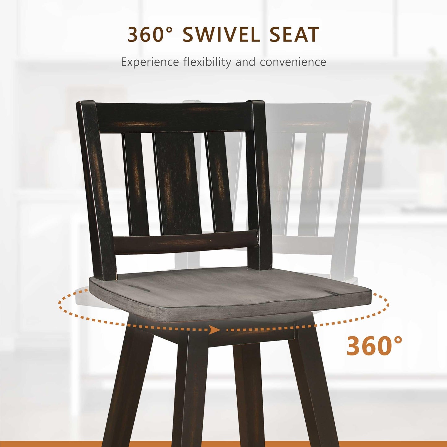 Bar Height Bar Stools Set of 2 - Solid Wood High Back 360° Swivel Wood Stool Pub Height, Foot Rest, Slat Back, Wide Seat, Distressed Farmhouse Easy to Clean Finish, 29 Inch Seat Height Chair Black