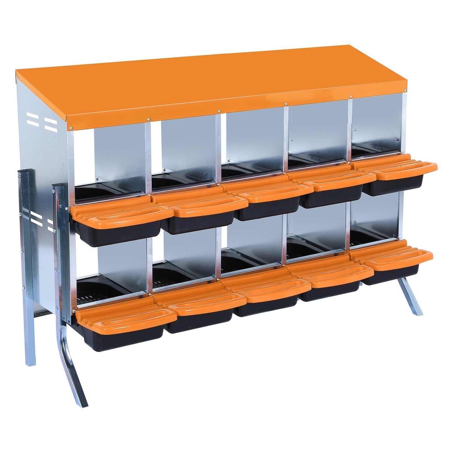 Chicken Nesting Boxes, 10 Hole Metal Chicken Laying Box with with Removable Trays and Roll Out Egg Collection for Chicken Coop, with Metal Bracket, Orange