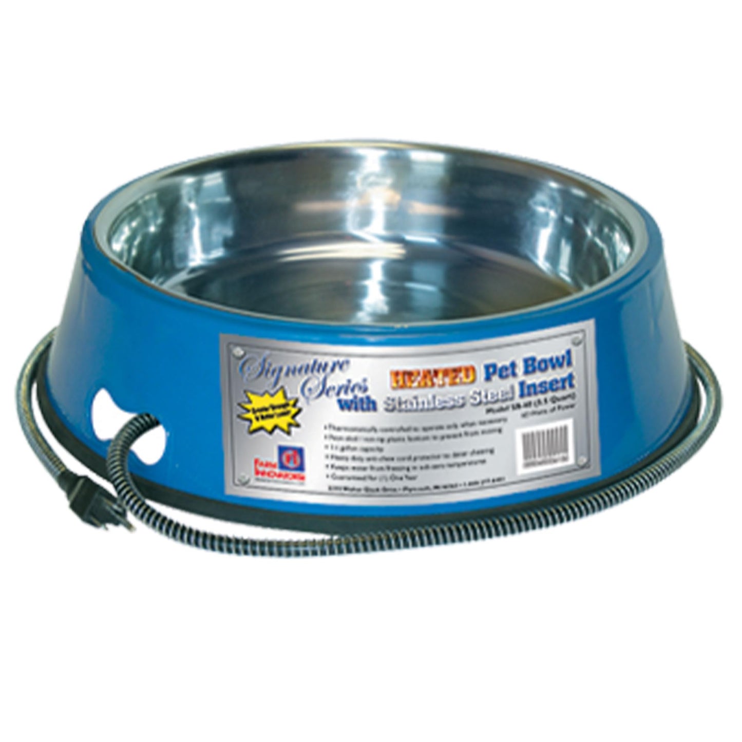 Farm Innovators Signature Series 60 Watt 5.5 Quart Electric Heated Pet Water Bowl with Stainless Steel Insert and Thermostatic Control, Blue