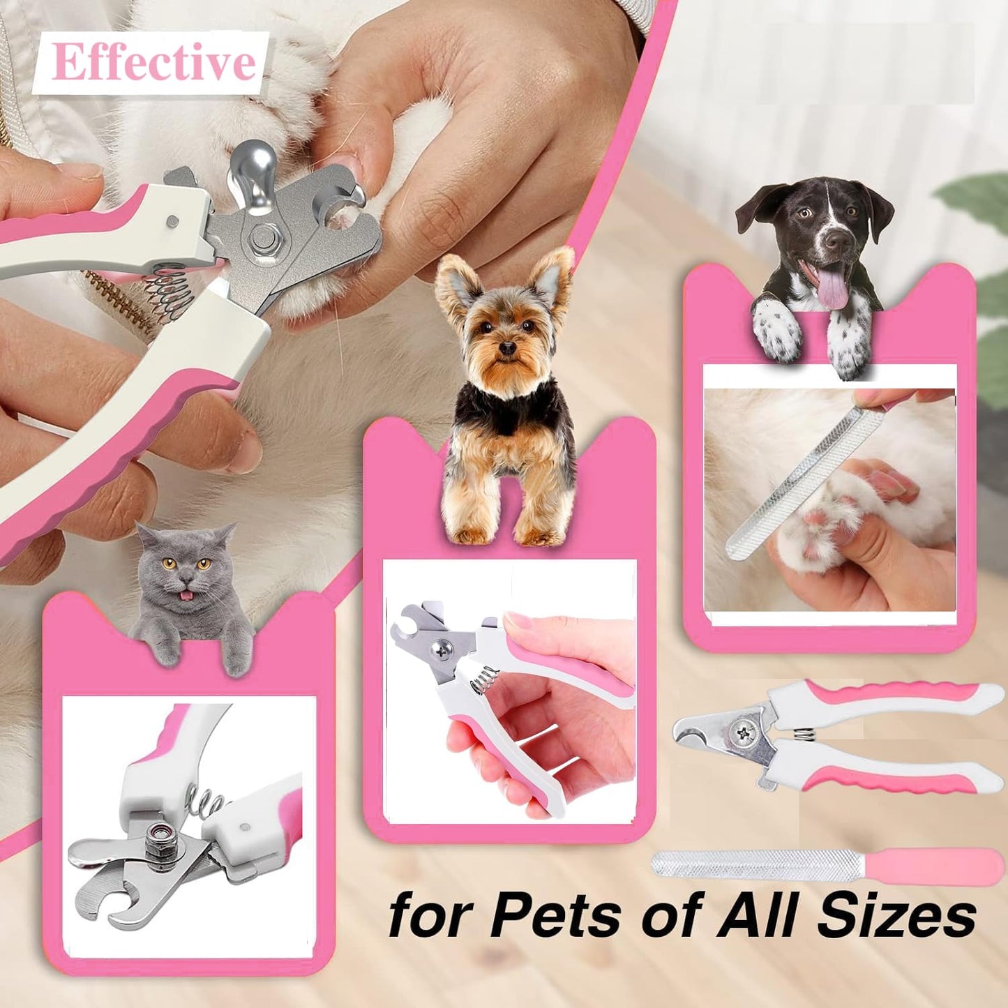 Qubccum 7 Pcs Cat Dog Brush Grooming Kits, Self-Cleaning Slicker Brush, Pet Nail Clipper and File, Flea Comb, Pet Shampoo Bath Brush, Pet Finger Toothbrush, Storage Bag (Pink)