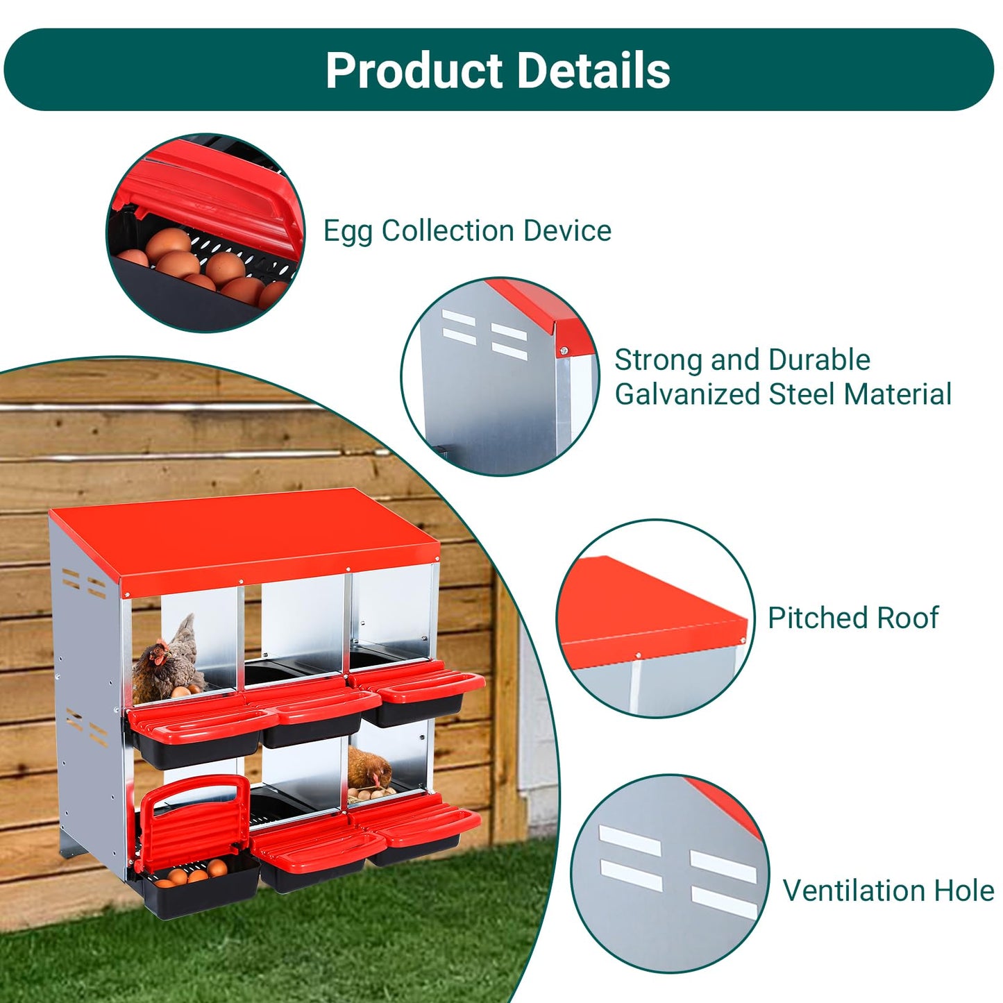 Chicken Nesting Box,6 Compartment Roll Away Nesting Box for Laying Eggs,Wall Mount Chicken Nesting Boxes,Easy Egg Collection,Cleanable Pull Out Hen Roosting Boxes 6 Hole