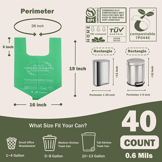 Compost Handle Bags 1.6 Gallon 6Liter Extra Thick 0.6 Mils Compostable Food Scrap Waste Bags with US BPI ASTM D6400 and Europe OK Compost Home Certified Green 40 Couts