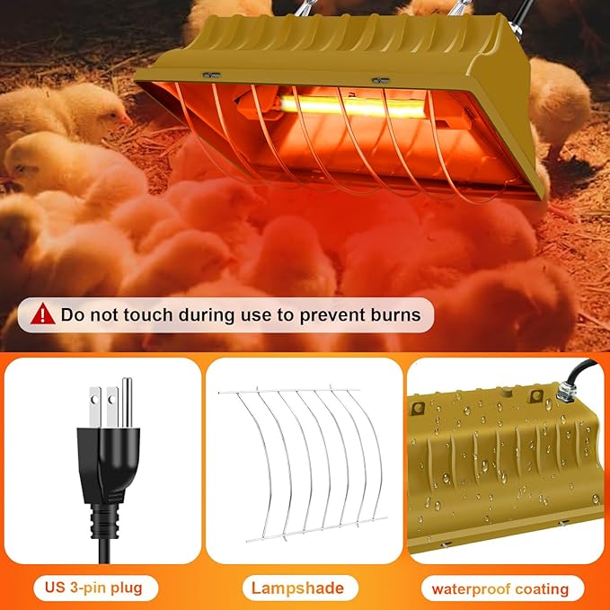 Chicken Coop Heating Lamp Brooder 250W, Adjustable Heating Temperature and Hanging Height, with Aluminum Alloy Lampshade, Suitable for Poultry Indoor Heater (Gold)