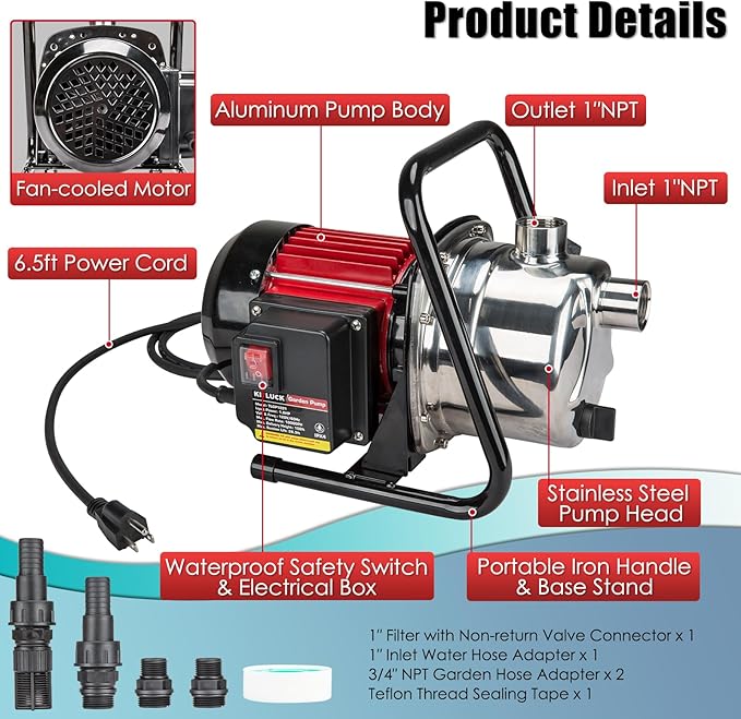 Water Transfer Garden Pump, 1.6 HP 1000GPH Portable Electric Shallow Well Jet Pump, Stainless Steel Sprinkler Pressure Booster Pump for Pool Draining, Lawn Fountain, Irrigation, Water Removal