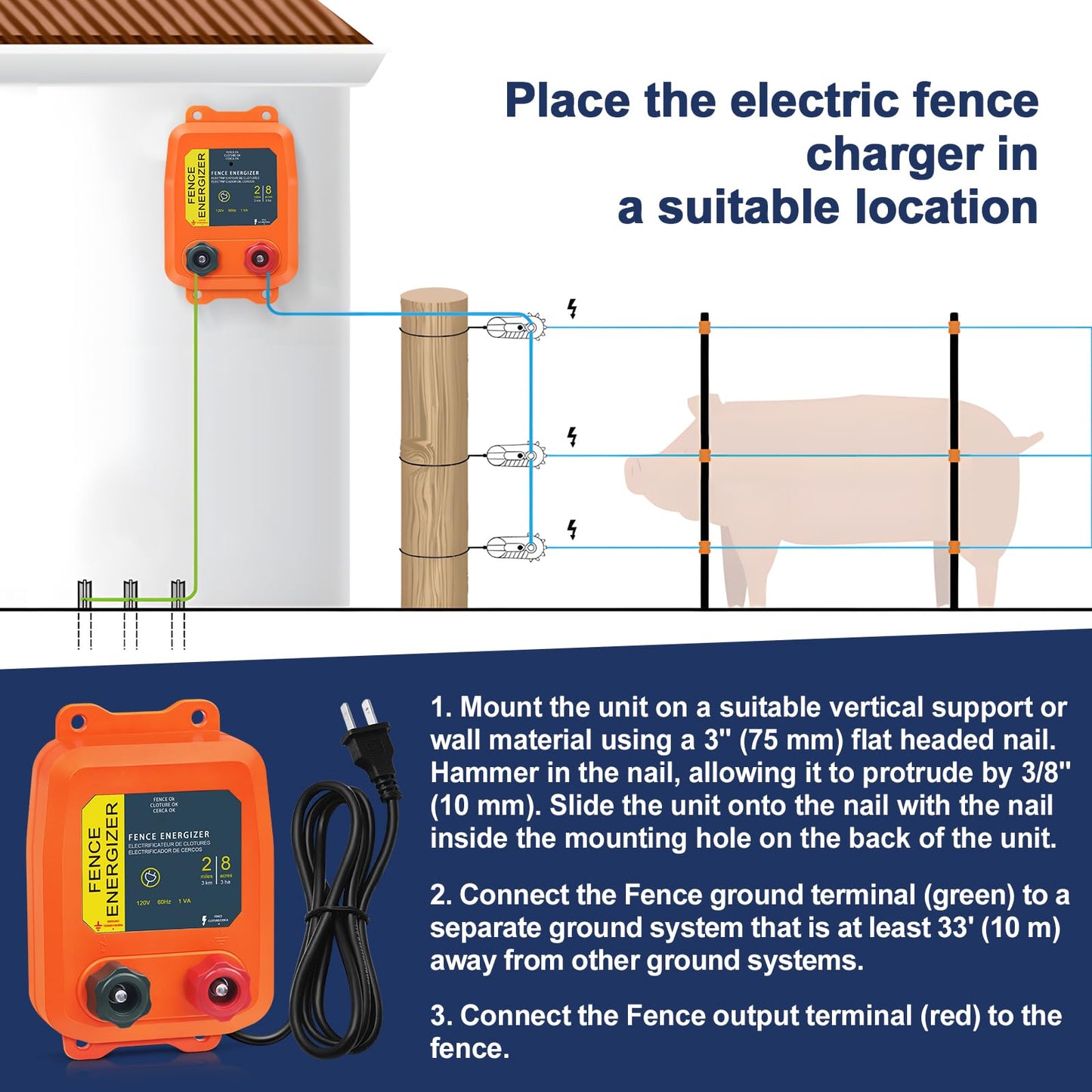 Electric Fence Energizer, 2-Mile/ 8 Acres Plug in Electric Fence Charger, Livestock Fence Charger for Dogs, Raccoons, Livestock, Squirrels, Chicken Coops, Skunks intruding, 0.1 Joule
