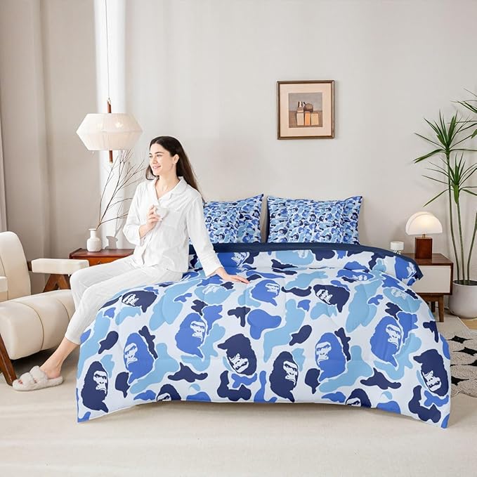 Camo Comforter Set Queen Size 7 Pieces Camouflage Bedding Set for Kids Boys Girls Camo Monkey Bed in a Bag with Comforter, Sheets, Pillowcases, Cushion Covers Hunting Bedroom Decor Blue and Black