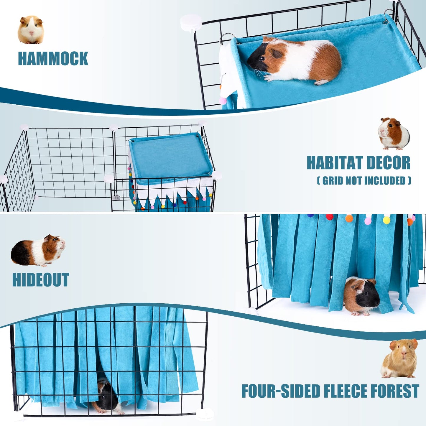 ONEJU Guinea Pig Hideout - Guinea Pig Corner Hideout, Four-Sided Fringes, Square Top and Washable Hides, Ideal Hides for Small Pets, No Metal Fences, Blue