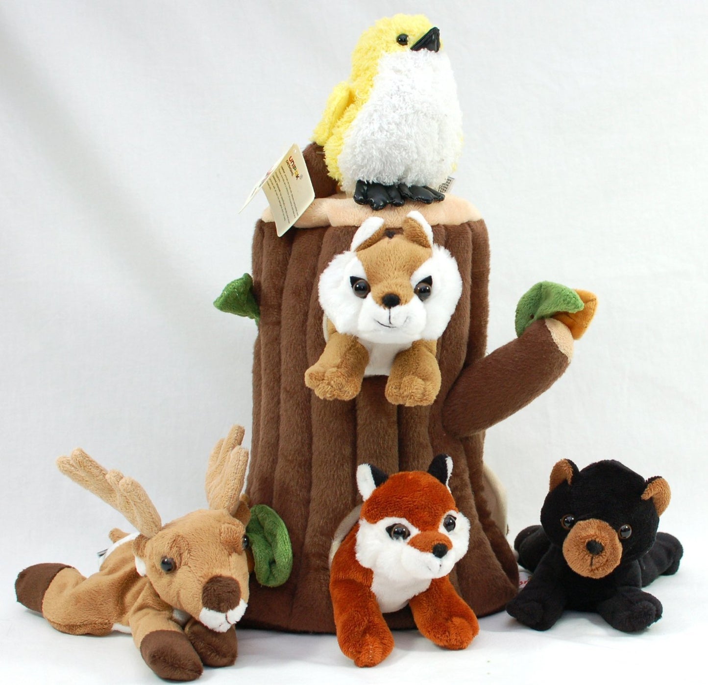 Special Edition Plush Treehouse with Animals - Tree Stump + Five (5) Stuffed Forest Animals (Fox, Elk, Bird, Black Bear, and Chipmunk)