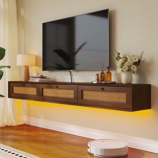 FloatiCasa Fully-Assembled Floating TV Stand with 3 Rattan Doors, Rustic Floating Entertainment Center Under TV Shelf, Modern Large Storage Wall Mounted Media Console for Living Room Bedroom 78IN